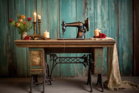 vintage hand-operated sewing machine on rustic table, created with generative aiの素材