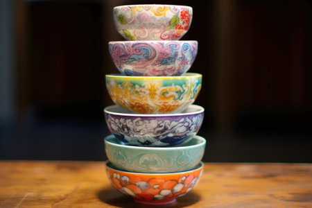 a stack of colorful hand-painted porcelain bowls, created with generative aiの素材