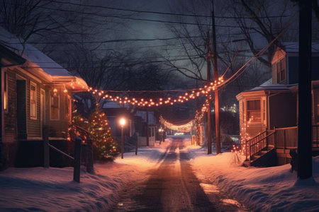 christmas lights illuminating a dark winter night, created with generative aiの素材