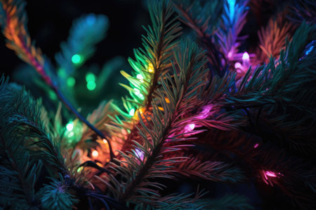 close-up of multicolored lights on evergreen tree, created with generative aiの素材