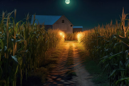 full moon illuminating a corn maze at night, created with generative aiの素材