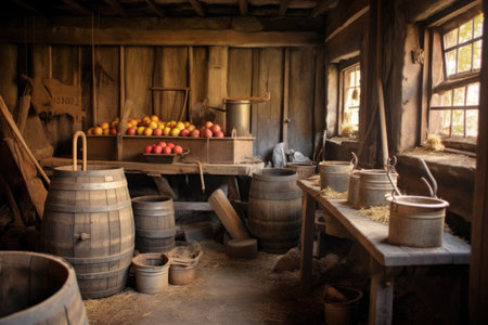 apple press and cider-making equipment in a rustic barn setting, created with generative aiの素材