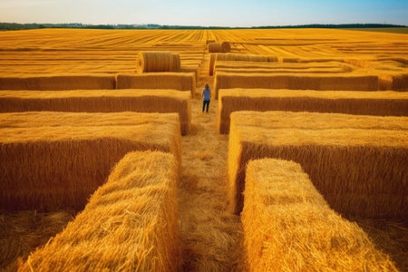 hay bale maze in a golden wheat field, created with generative aiの素材