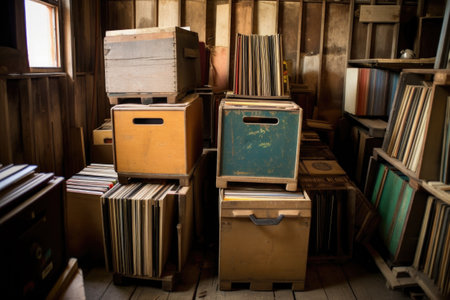 stacks of old vinyl records in wooden crates, created with generative aiの素材