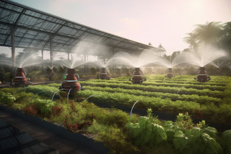 automated irrigation system watering plants efficiently, created with generative aiの素材