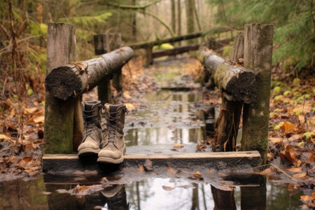 muddy boots on a wooden bridge over a creek, created with generative aiの素材