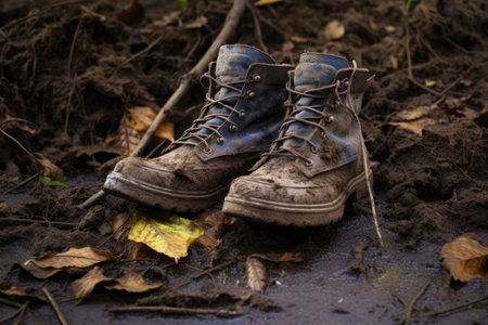 hiking boots stuck in thick mud, leaves around, created with generative aiの素材