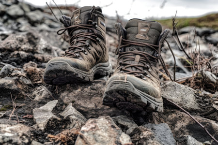 mud-covered boots on a rocky terrain during a hike, created with generative aiの素材