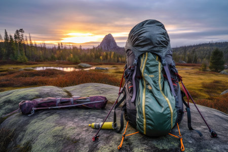 hiking backpack next to a tent at sunrise, created with generative aiの素材