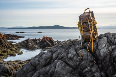 backpack on a rocky coastline, ocean in the background, created with generative aiの素材