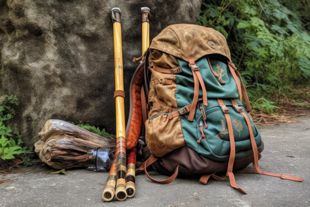 hiking backpack with hiking boots and trekking poles, created with generative aiの素材