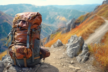 close-up of a hiking backpack on a mountain trail, created with generative aiの素材