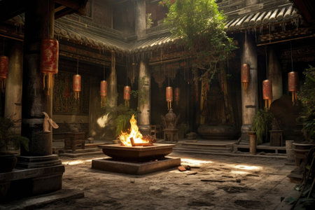 incense burning in a serene temple courtyard, created with generative aiの素材