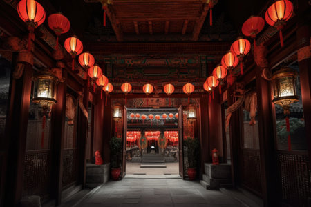 traditional chinese lanterns hanging at temple gate, created with generative aiの素材