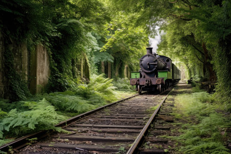 old railway track with a restored steam engine, created with generative aiの素材