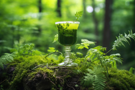 green absinthe drink in nature backdrop, created with generative aiの素材