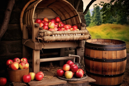basket of ripe apples next to a cider press, created with generative aiの素材