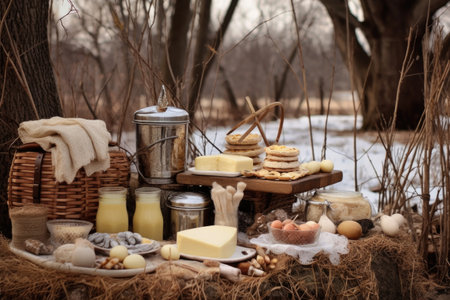 rustic picnic setup with eggnog and treats, created with generative aiの素材