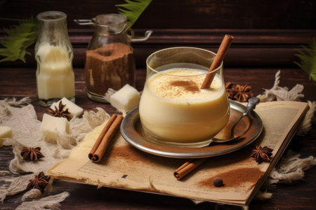 homemade eggnog with recipe book in nature, created with generative aiの素材