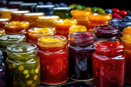 close-up of colorful fruit preserves in glass jars, created with generative aiの素材
