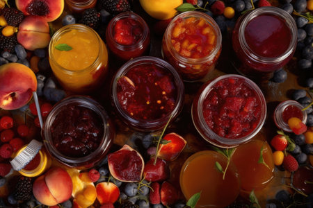 top view of various fruit preserves, created with generative aiの素材