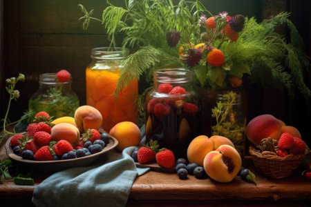 fresh fruits and herbs beside kombucha jars, created with generative aiの素材