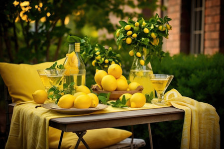 a cozy outdoor table setting with chilled limoncello and lemon-themed decor, created with generative aiの素材