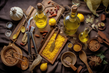 top view of a limoncello making process, ingredients, and tools, created with generative aiの素材