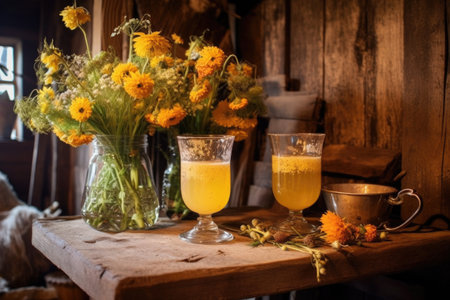 mead-filled glasses with flowers on a rustic wooden table, created with generative aiの素材