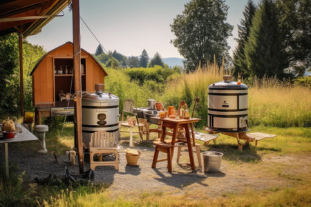 aerial view of mead making setup at a picturesque picnic spot, created with generative aiの素材