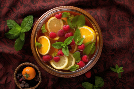 top view of pimms cocktail garnished with fresh fruits, created with generative aiの素材