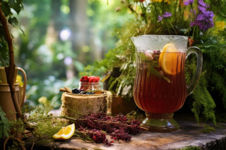 mocktail punch with herbs and ice in outdoor setting, created with generative aiの素材