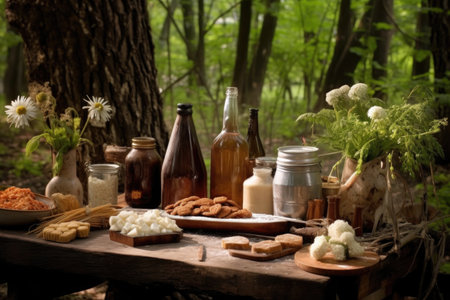 picnic table with root beer making ingredients, created with generative aiの素材