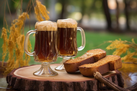 a root beer toast with clinking glass mugs outdoors, created with generative aiの素材