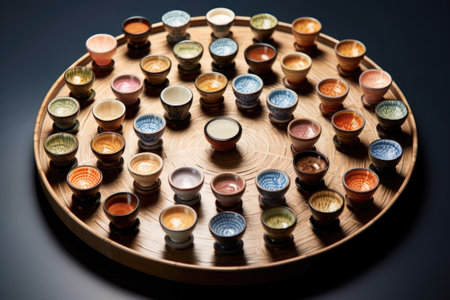 sake cups arranged in a circle on a tray, created with generative aiの素材