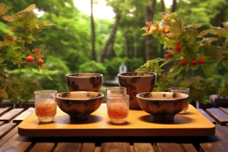 decorative sake bottles on a rustic table, created with generative aiの素材