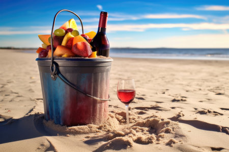 ice bucket with wine bottle and sangria mix on sandy beach, created with generative aiの素材