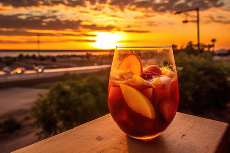 a refreshing glass of sangria with a beach sunset in the distance, created with generative aiの素材