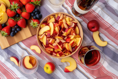 top view of sangria ingredients on beach picnic blanket, created with generative aiの素材