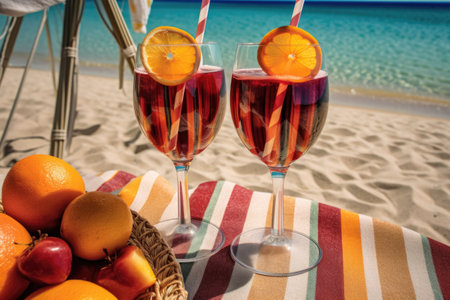 fruity sangria glasses under a beach umbrella, created with generative aiの素材