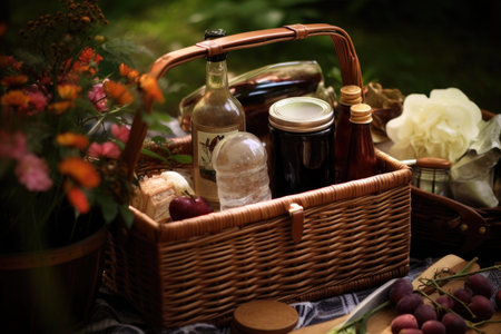 picnic basket with sarsaparilla ingredients and recipe book, created with generative aiの素材