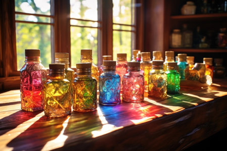 sunlight shining through colorful schnapps-filled jars, created with generative aiの素材