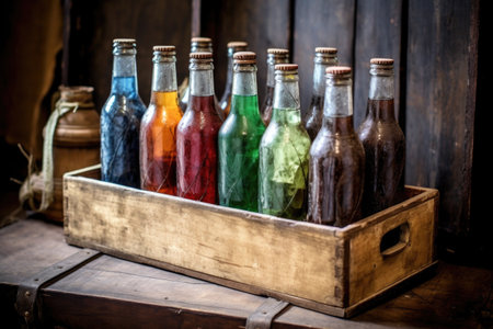 variety of homemade soda bottles in a rustic wooden crate, created with generative aiの素材