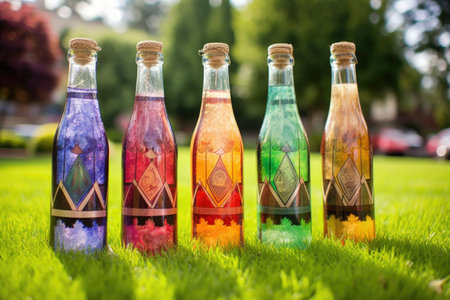 homemade soda bottles with colorful labels on grass, created with generative aiの素材