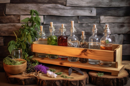 rustic vodka tasting station with shot glasses and garnishes, created with generative aiの素材