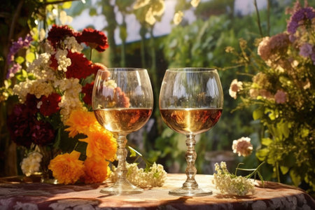 sunlit wine glasses with garden flowers in the background, created with generative aiの素材