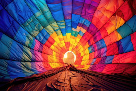 flames heating air inside a colorful hot air balloon, created with generative aiの素材