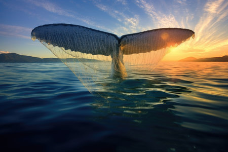 humpback whale tail fluke visible above bubble net, created with generative aiの素材