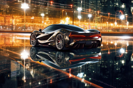 reflection of city lights on hypercars glossy surface, created with generative aiの素材