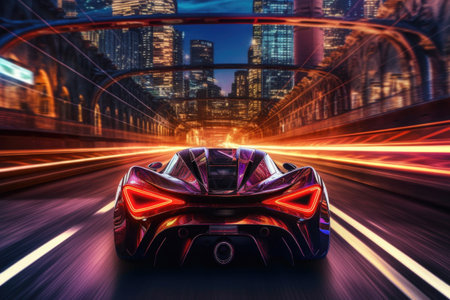 hypercar speeding through illuminated city tunnel, created with generative aiの素材